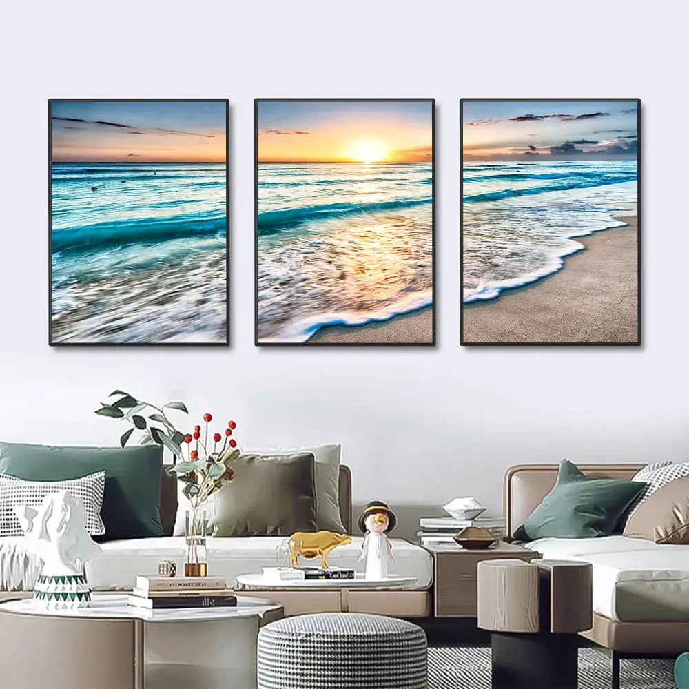 Modern beach sunset canvas wall art set living room decor