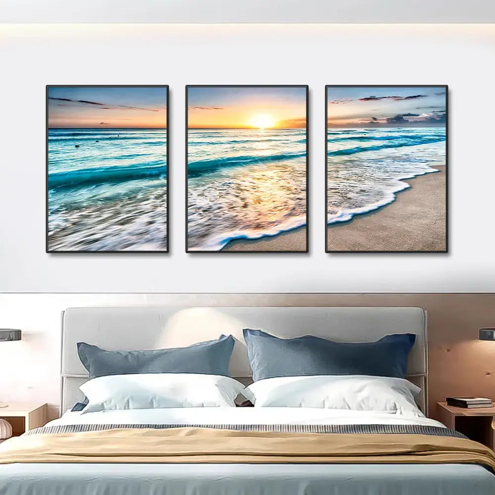 Modern beach sunset canvas wall art set living room decor
