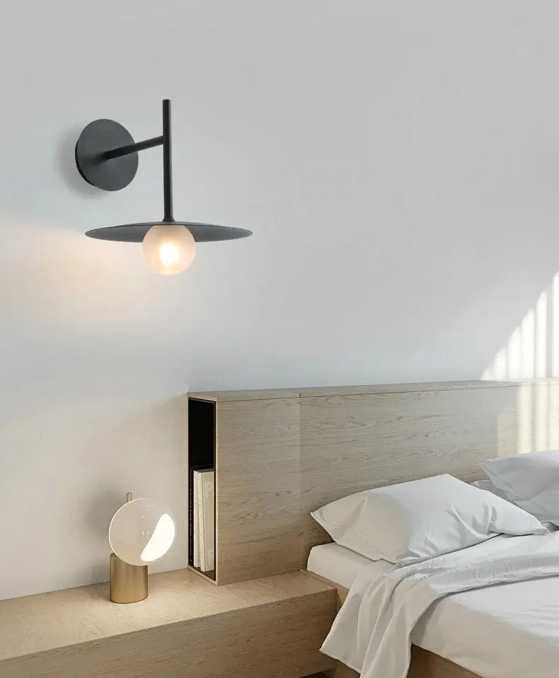Modern matte black disc bedside wall light bedroom sconce