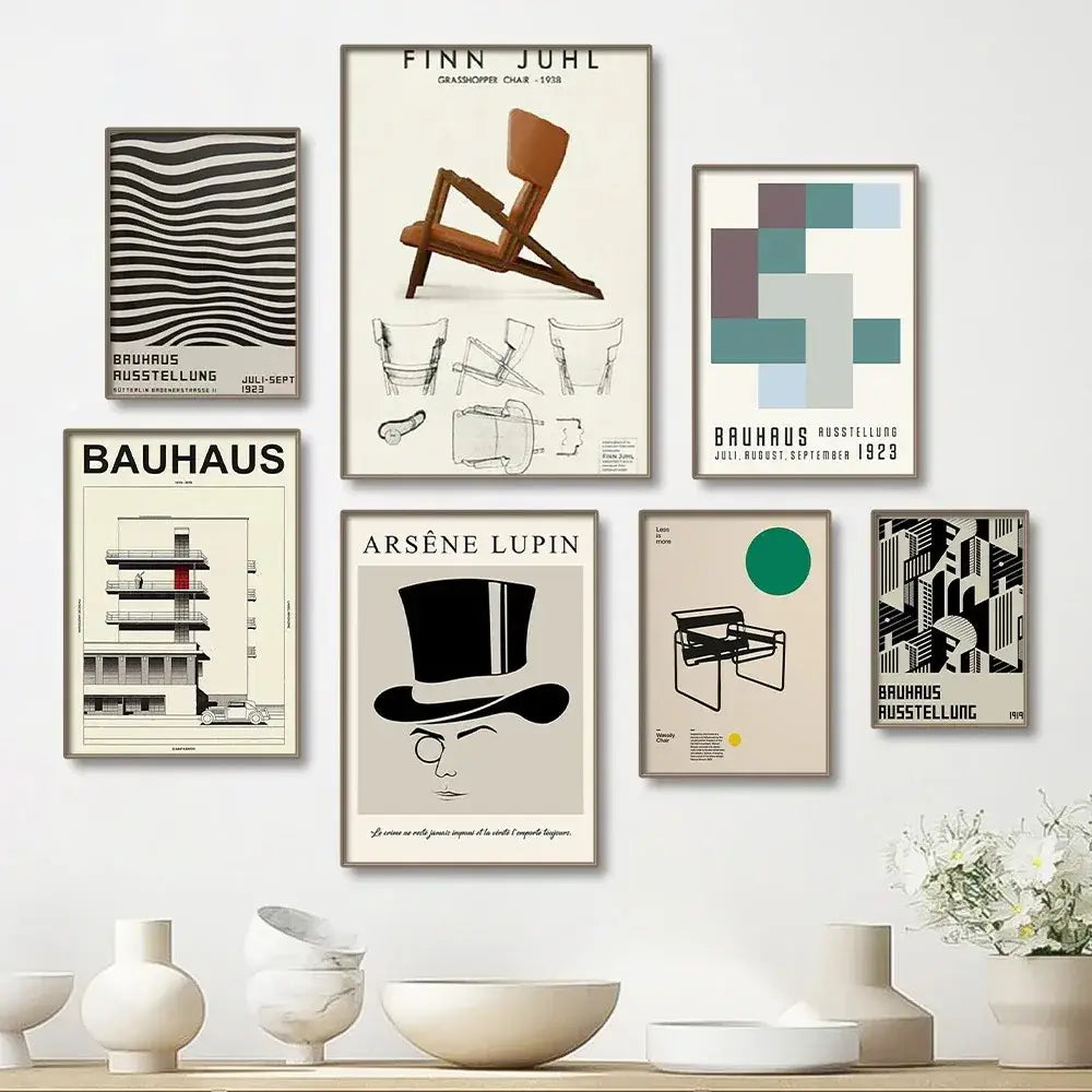 Bauhaus blue & white canvas print – living room geometric wall art
