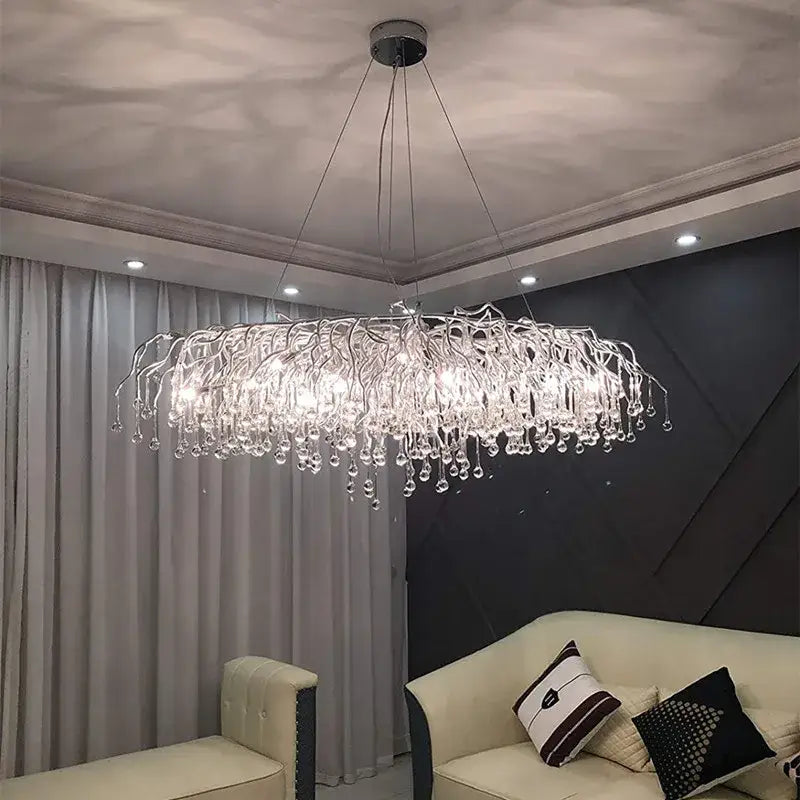 Modern chrome crystal chandelier for living room with droplets