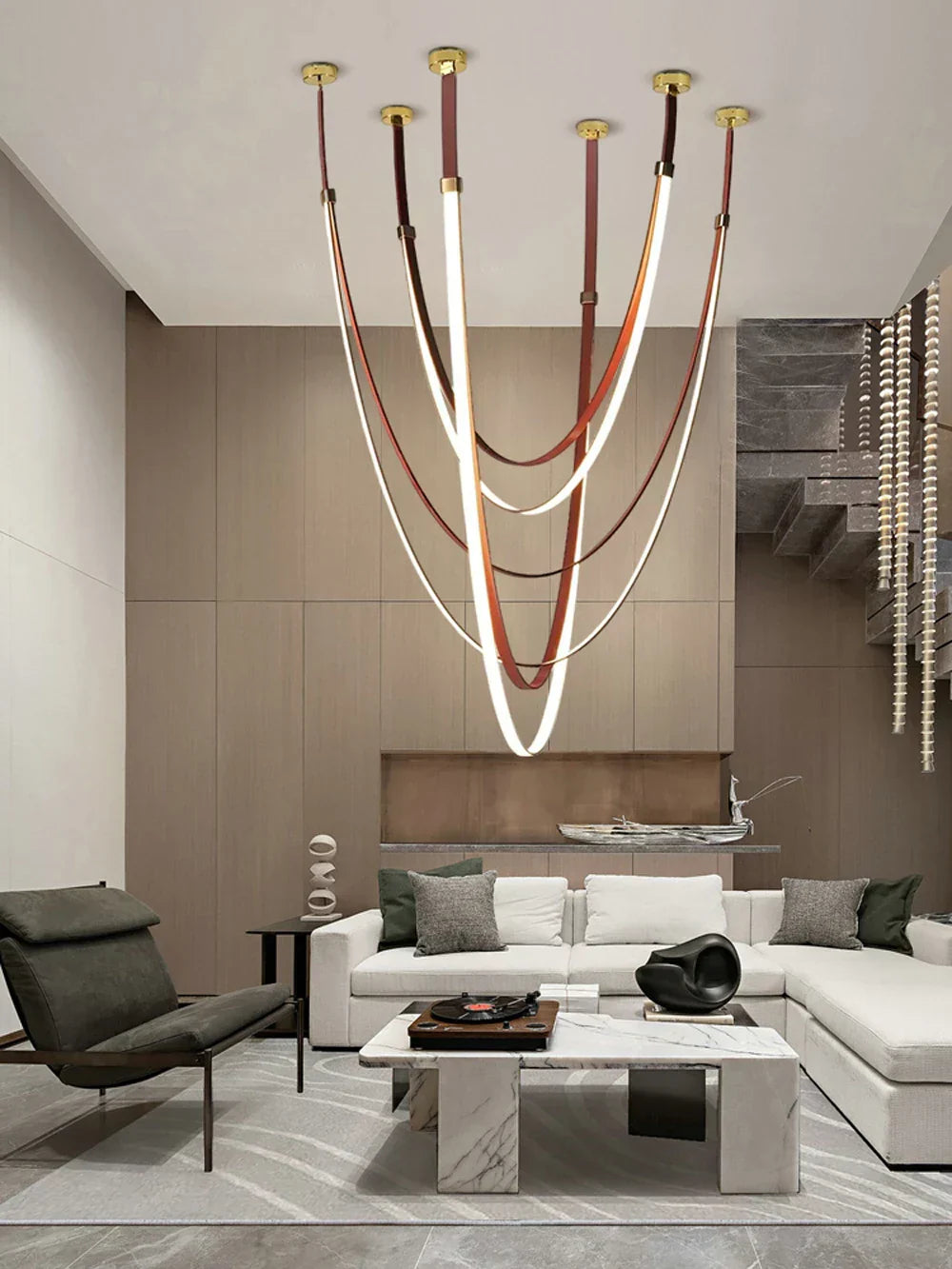 Modern led chandelier with flexible leather belt for dining room