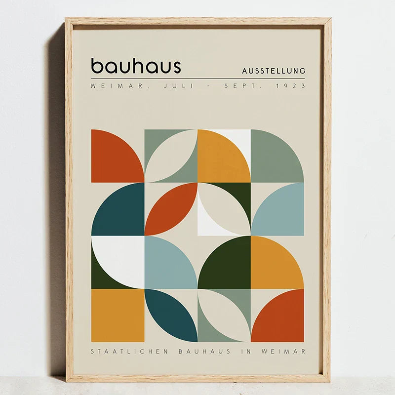 Modern geometric bauhaus orange and red framed art living room decor