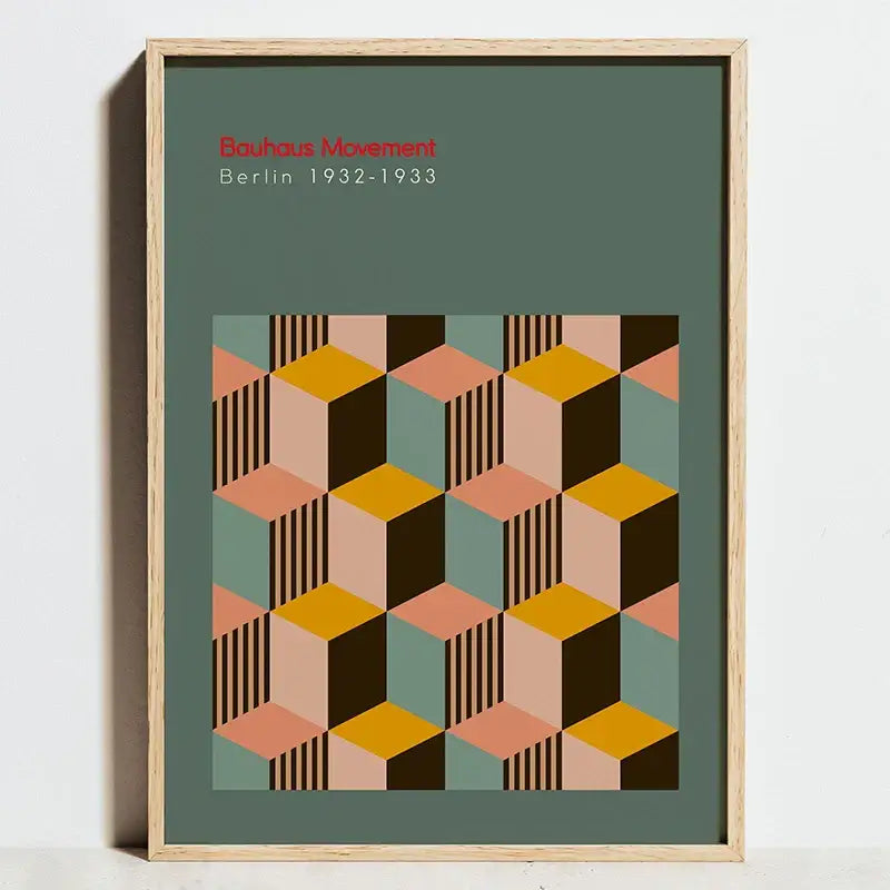 Modern geometric bauhaus orange and red framed art living room decor