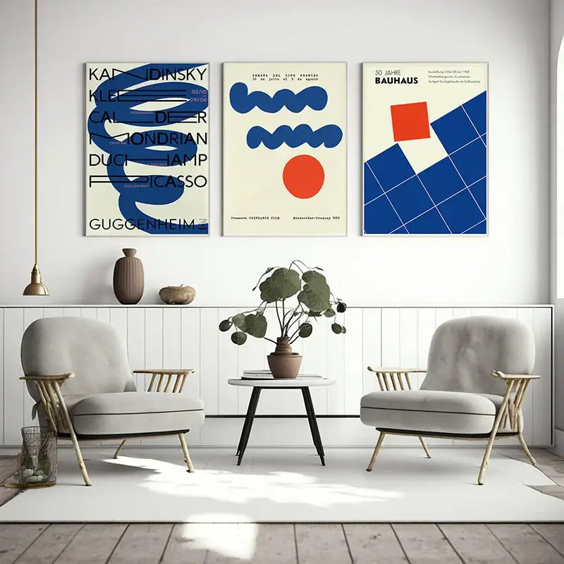 Modern blue and orange geometric bauhaus exhibition poster living room