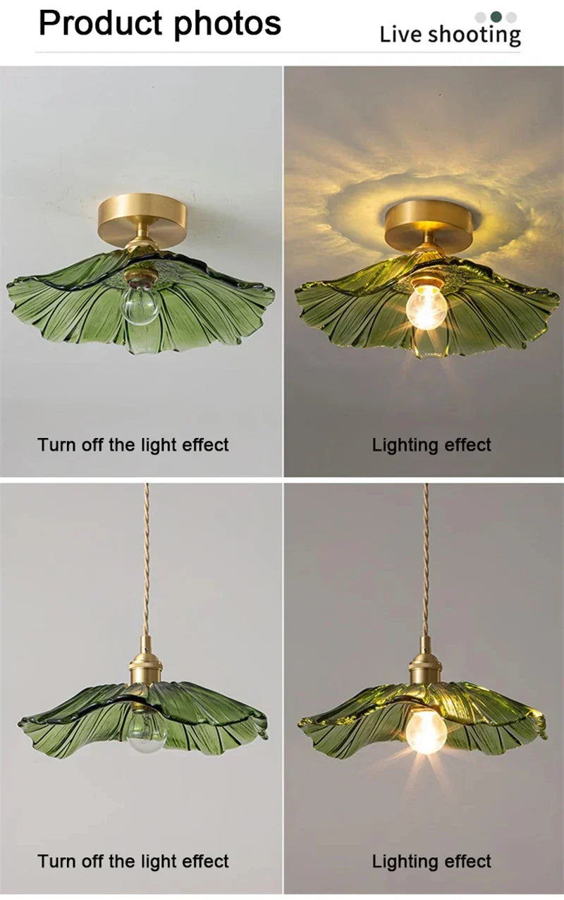 Modern green leaf glass e27 ceiling lights for bedroom interiors