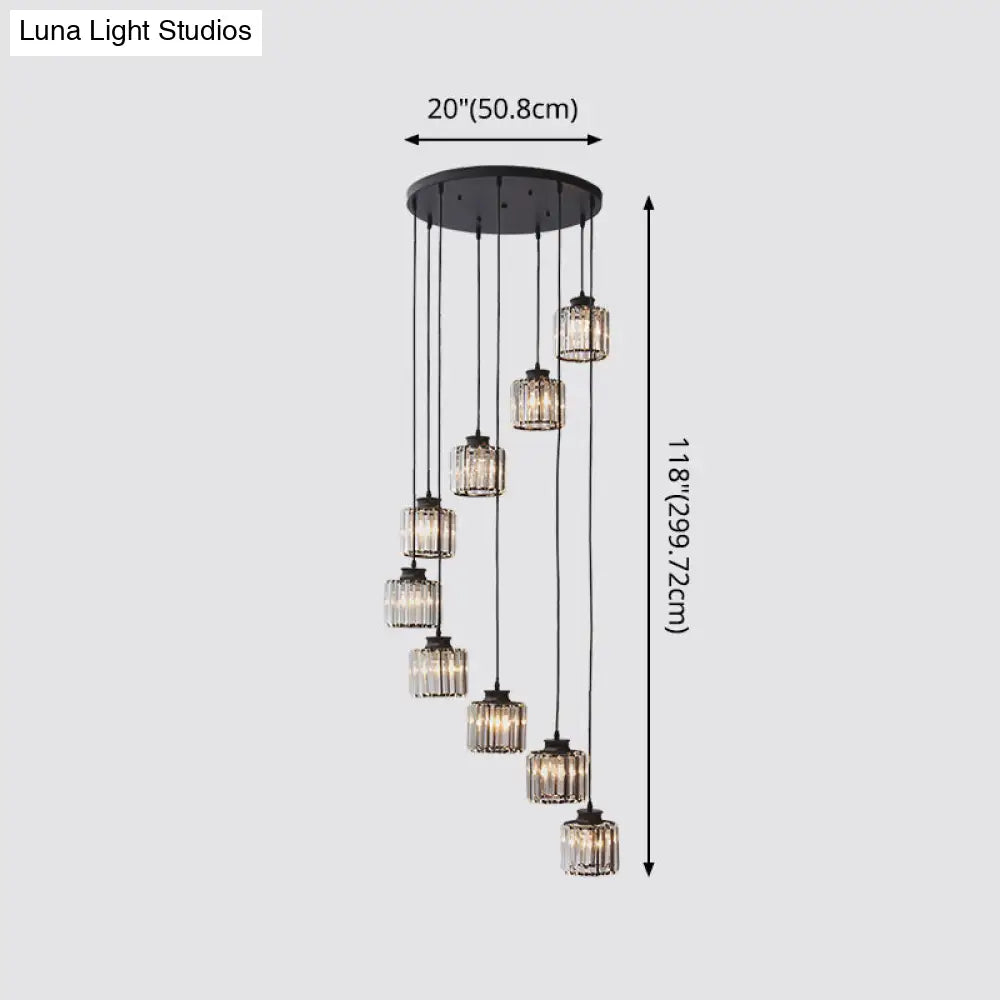 Modern black prismatic crystal cylindrical chandelier stairway light