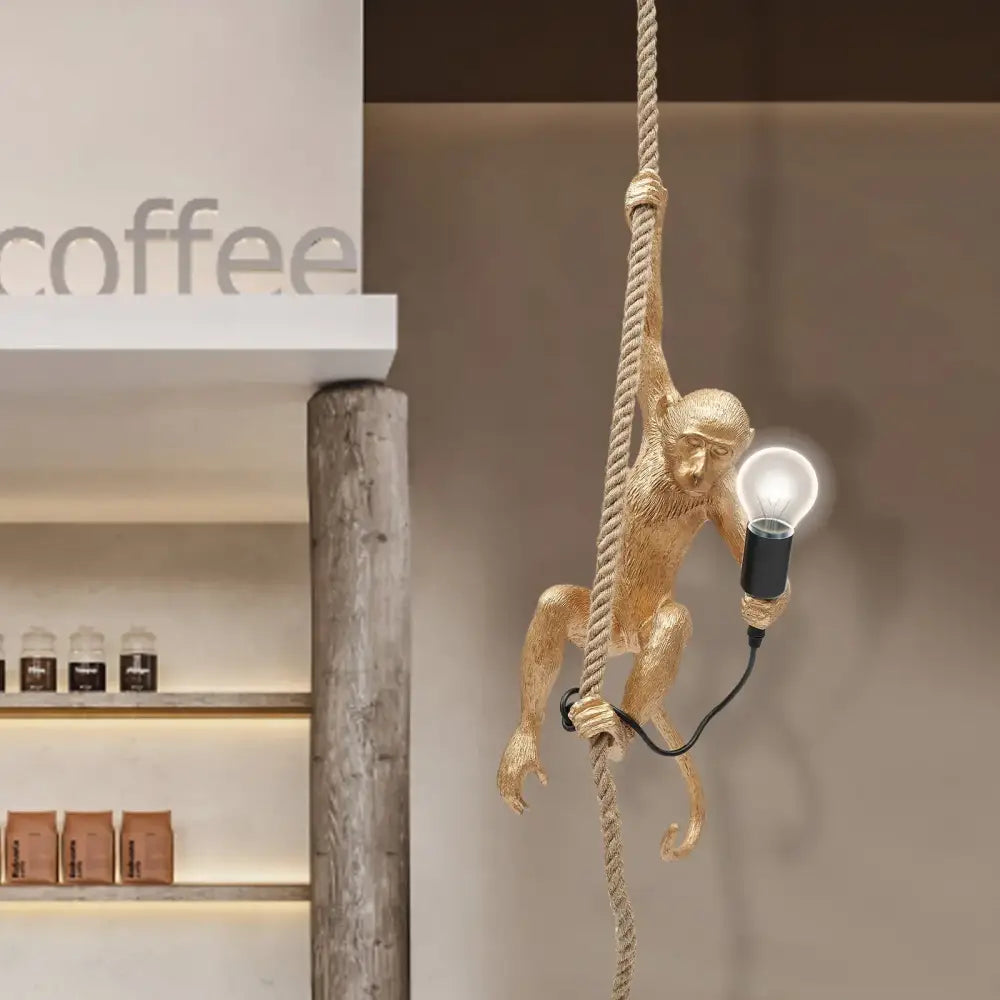 Gold monkey pendant lamp with hemp rope – living room light