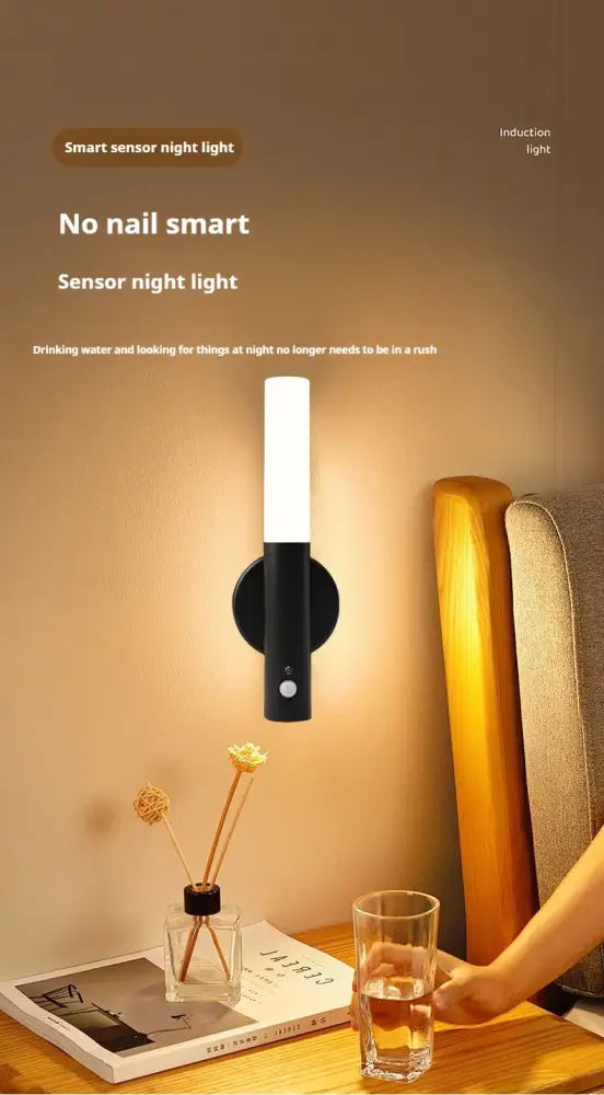 Modern black motion sensor battery operated wall lamp bedroom light