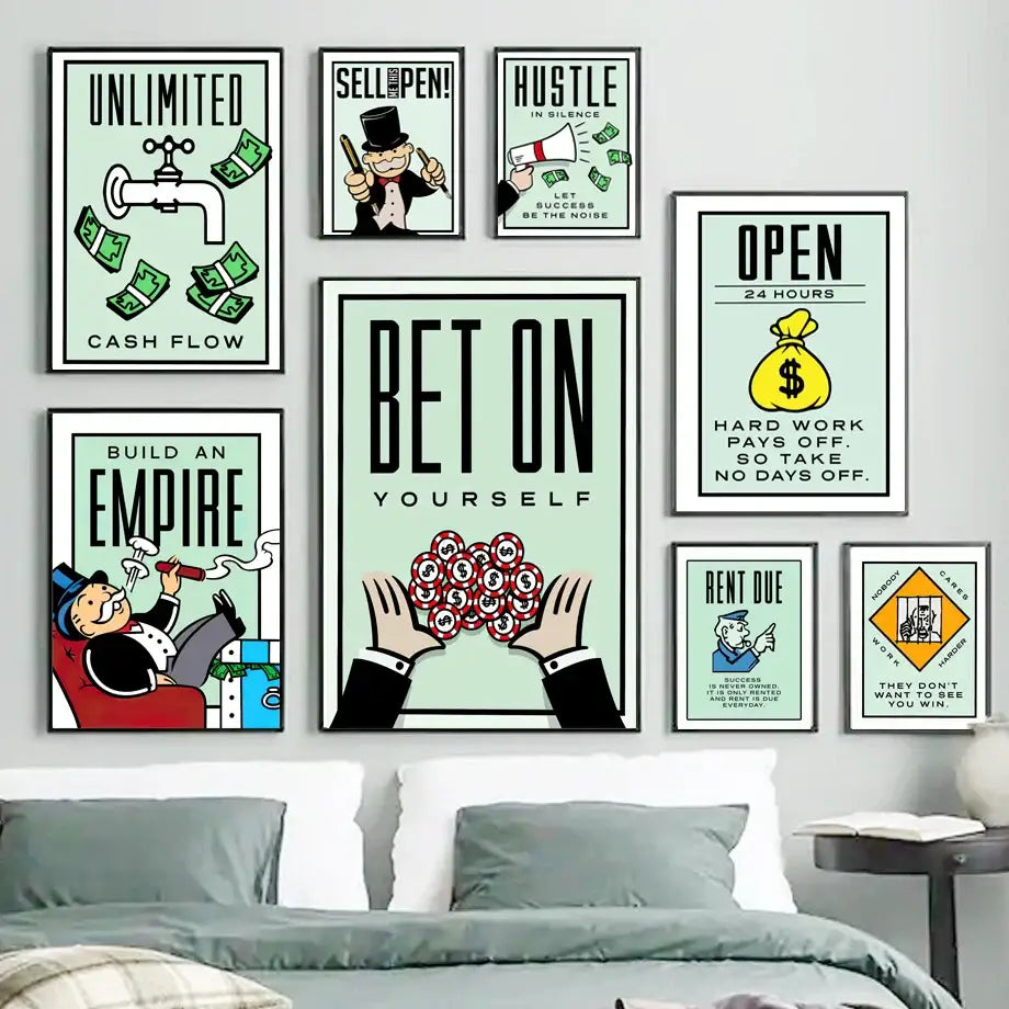 Motivational monopoly millionaire mint green wall art living room decor