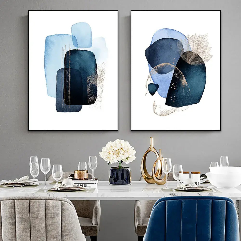 Abstract navy blue geometric wall art set – living room decor