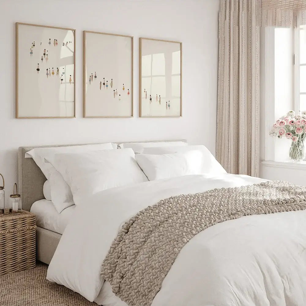 Textured beige chunky knit blanket bedroom wall art set