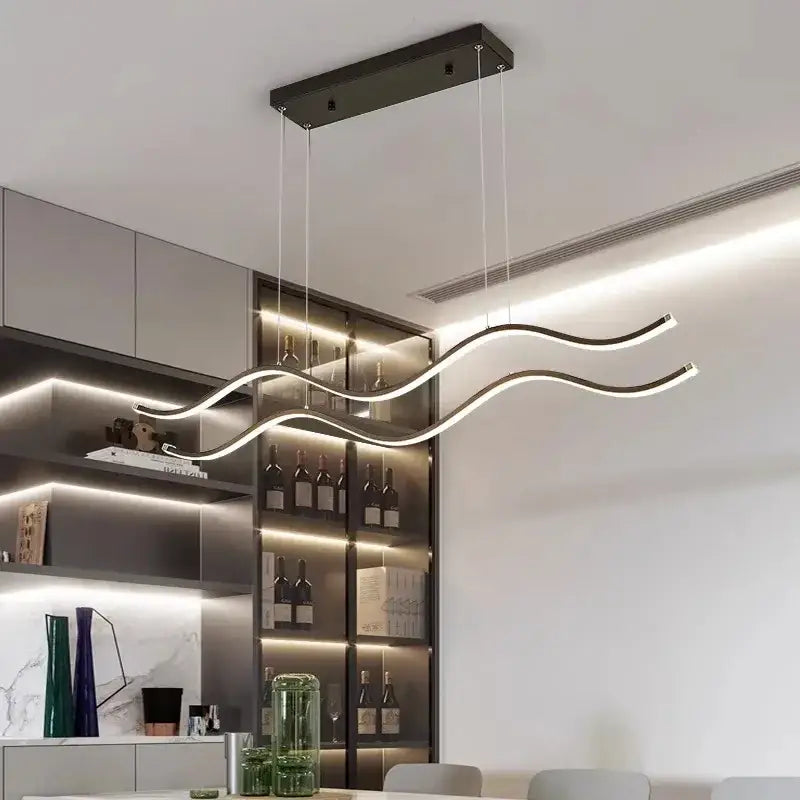 Modern wave led pendant lights for dining room metallic finish
