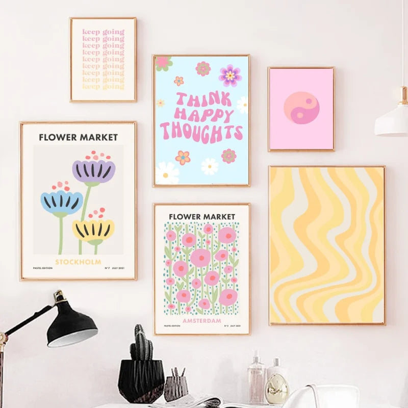 Pastel rainbow and checkered smiley flower wall art nursery decor