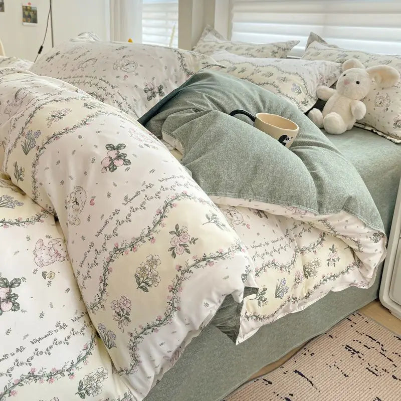 Pink & cream floral satin bedding set bedroom rose pattern