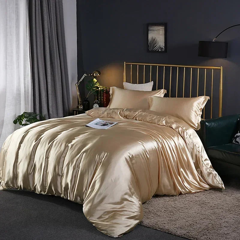 Glossy lavender satin bed sheet set with duvet cover – bedroom