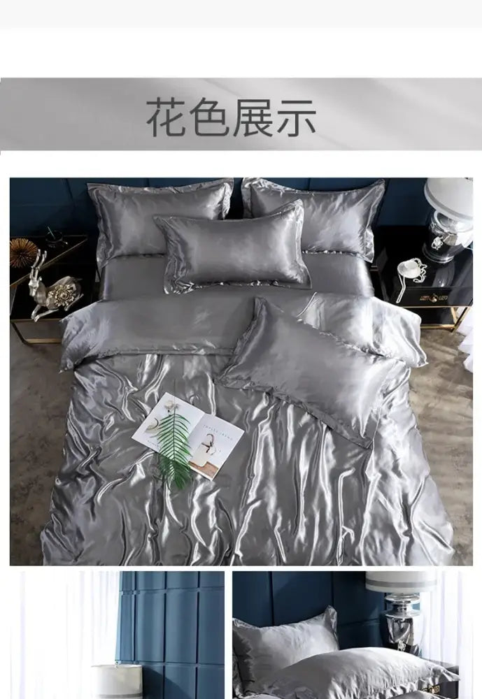 Glossy lavender satin bed sheet set with duvet cover – bedroom