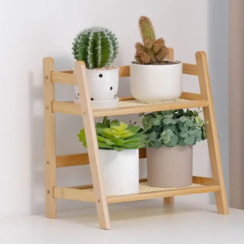 Boho light wood rattan 2-tier desktop organizer shelf bedroom storage
