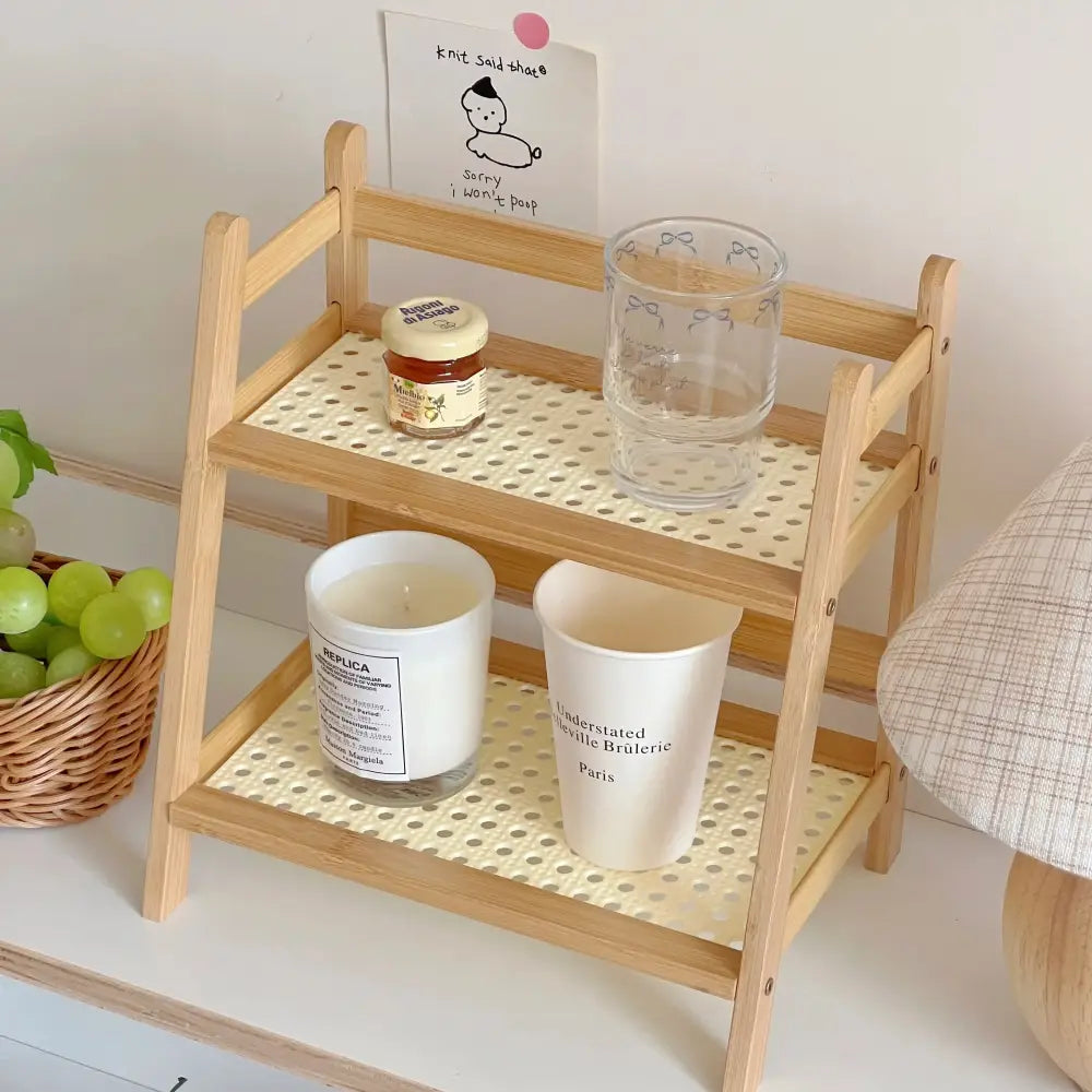 Boho light wood rattan 2-tier desktop organizer shelf bedroom storage