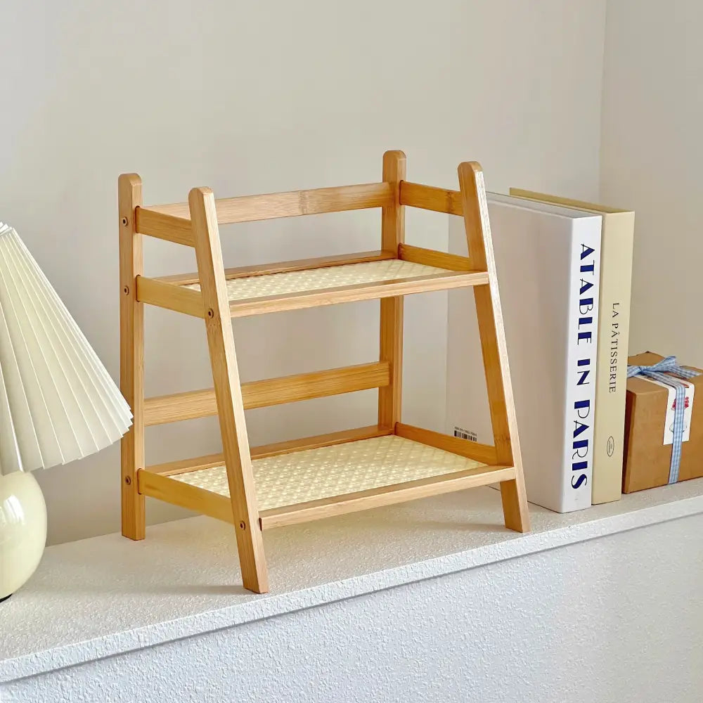Boho light wood rattan 2-tier desktop organizer shelf bedroom storage