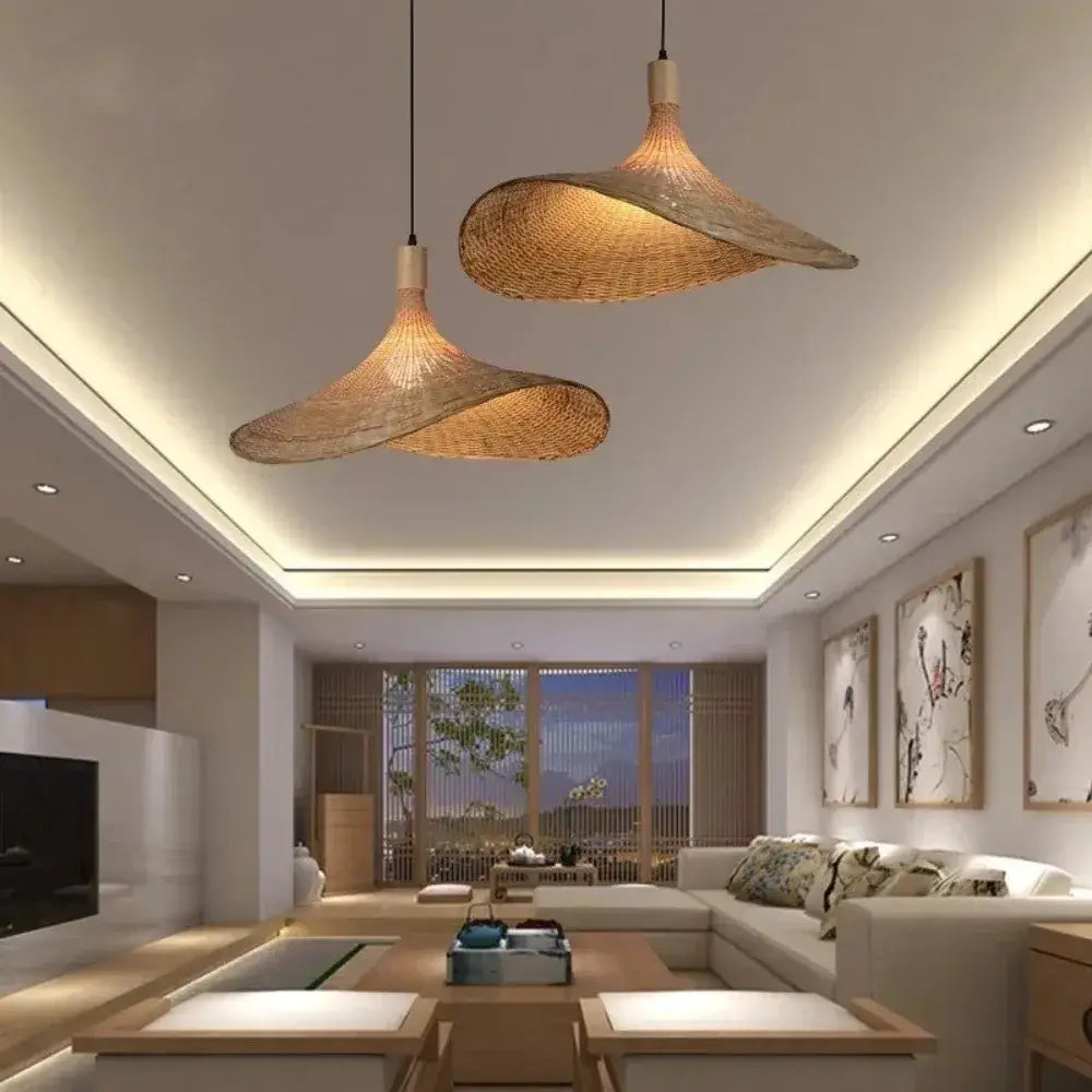 Woven golden brown rattan pendant light with dimmable bamboo shade dining room