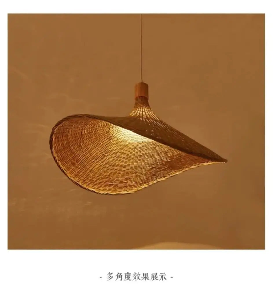 Woven golden brown rattan pendant light with dimmable bamboo shade dining room