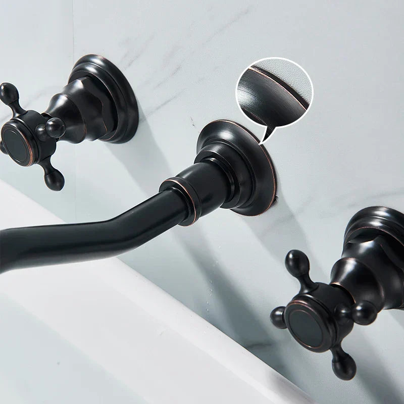 Retro antique brass wall mounted bathroom faucet with dual handles