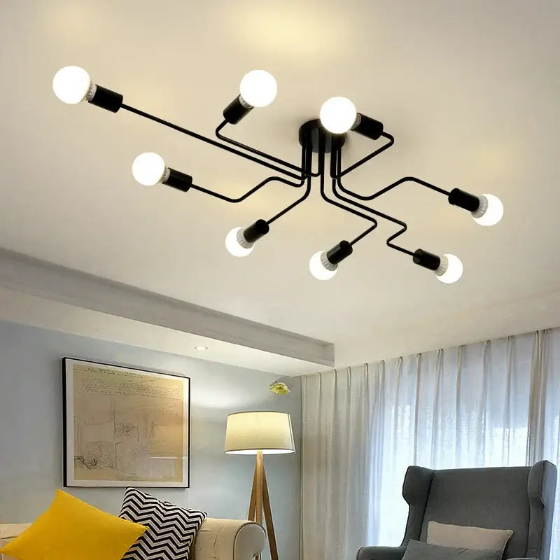 Retro industrial wrought iron 8 light ceiling fixture living room
