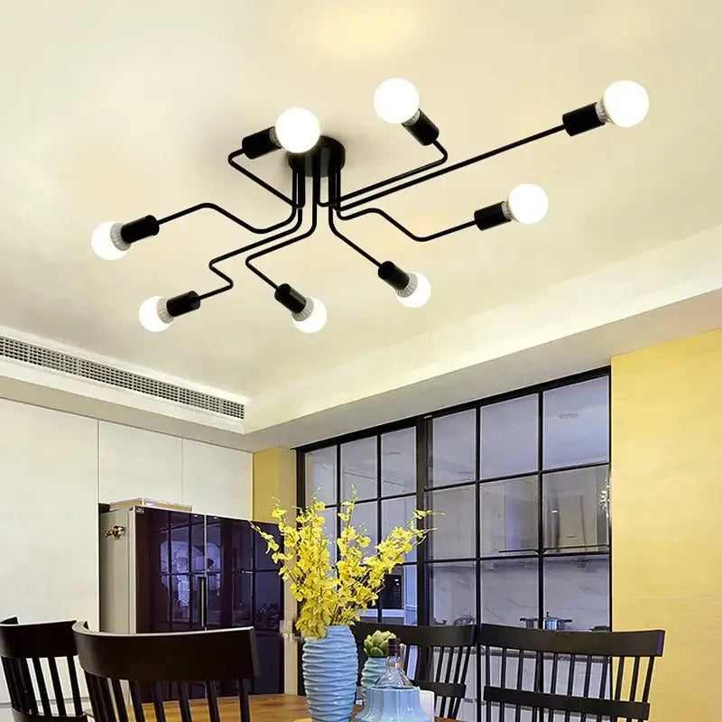 Retro industrial wrought iron 8 light ceiling fixture living room
