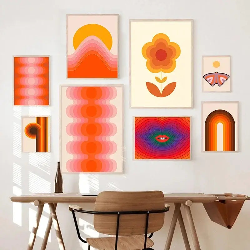 Retro rainbow abstract sunset art prints – living room wall decor