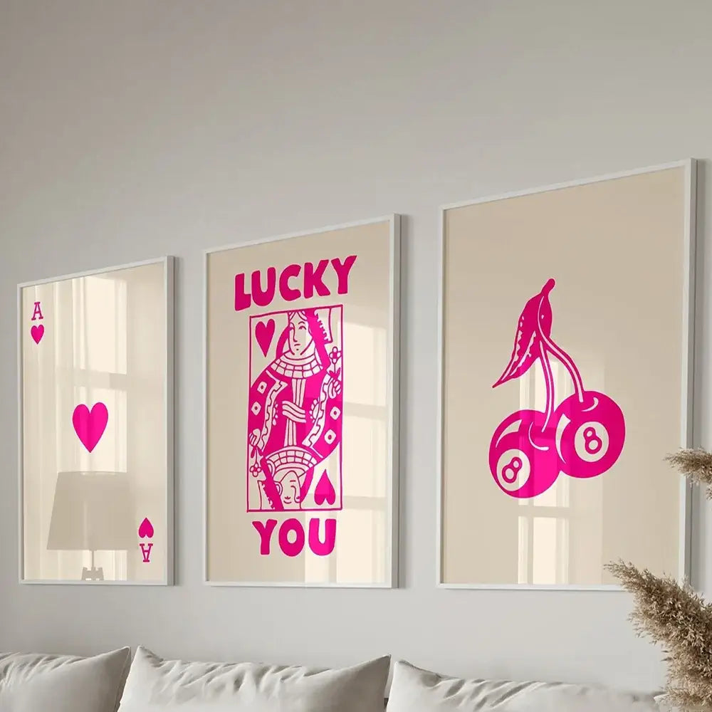 Retro black & pink poker art posters set living room wall decor