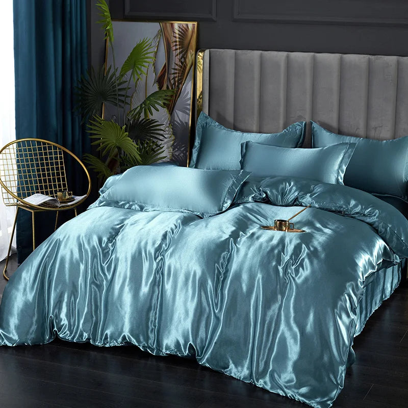 Luxury chocolate brown satin silk duvet cover bedroom bedding set