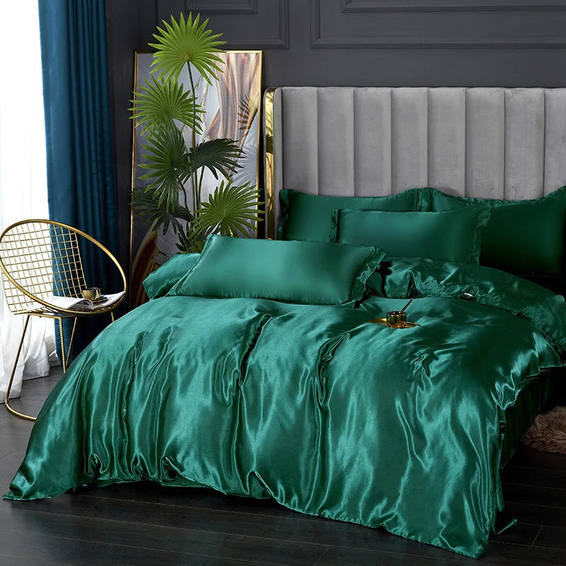 Luxury emerald green satin duvet cover bedroom bedding set
