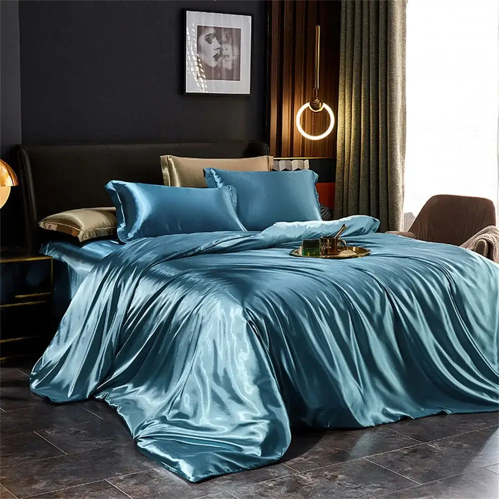 Royal blue luxury satin duvet cover bedroom bedding set