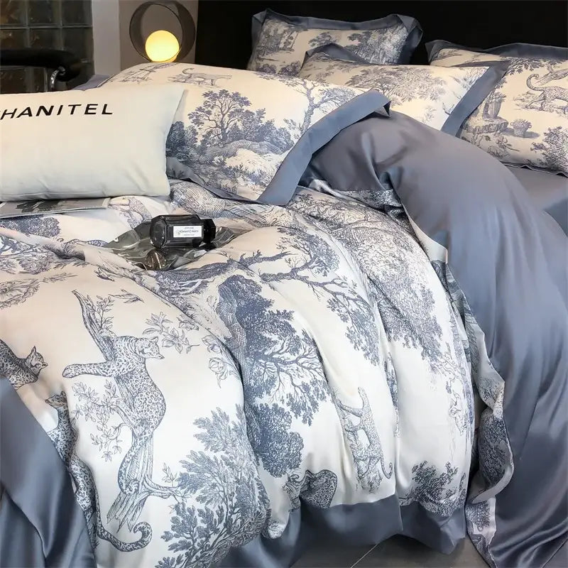 Toile blue & white eucalyptus fiber duvet cover bedroom set