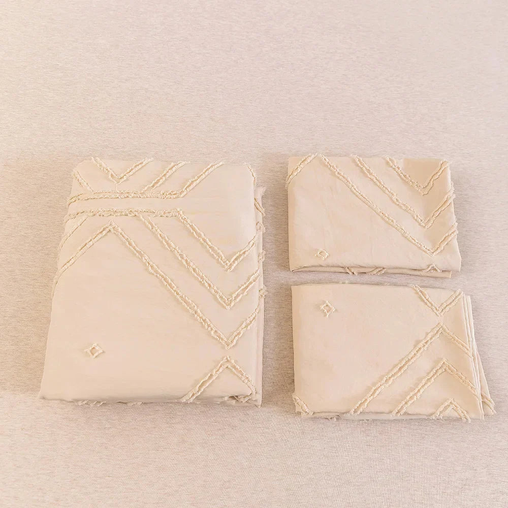 Beige geometric quilted duvet cover set bedroom frayed texture