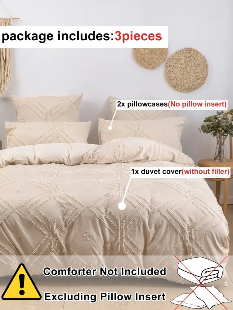 Beige geometric quilted duvet cover set bedroom frayed texture
