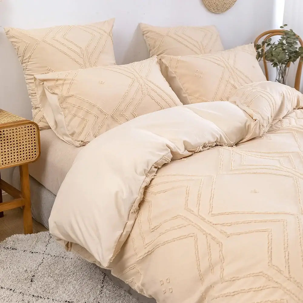 Beige geometric quilted duvet cover set bedroom frayed texture