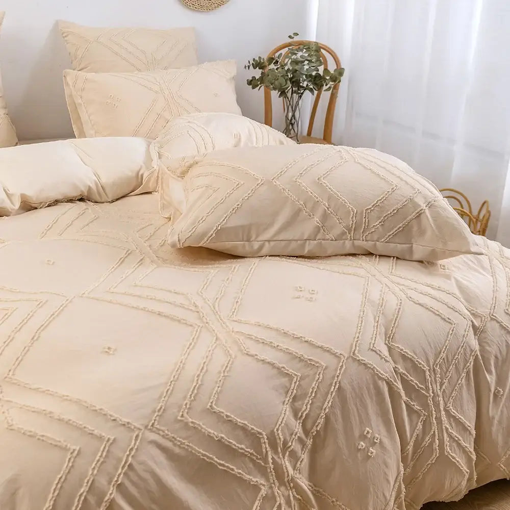Beige geometric quilted duvet cover set bedroom frayed texture