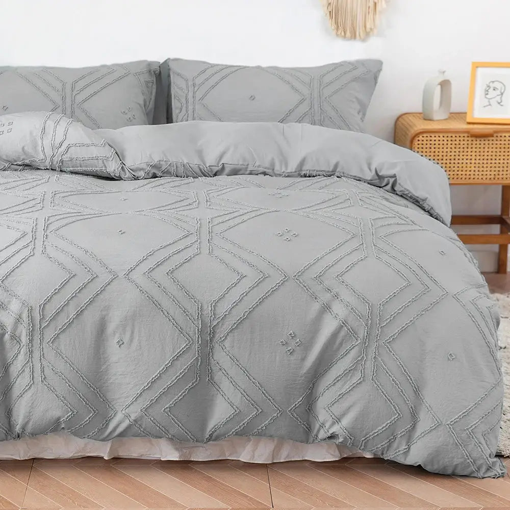 Beige geometric quilted duvet cover set bedroom frayed texture
