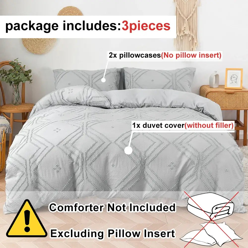Beige geometric quilted duvet cover set bedroom frayed texture