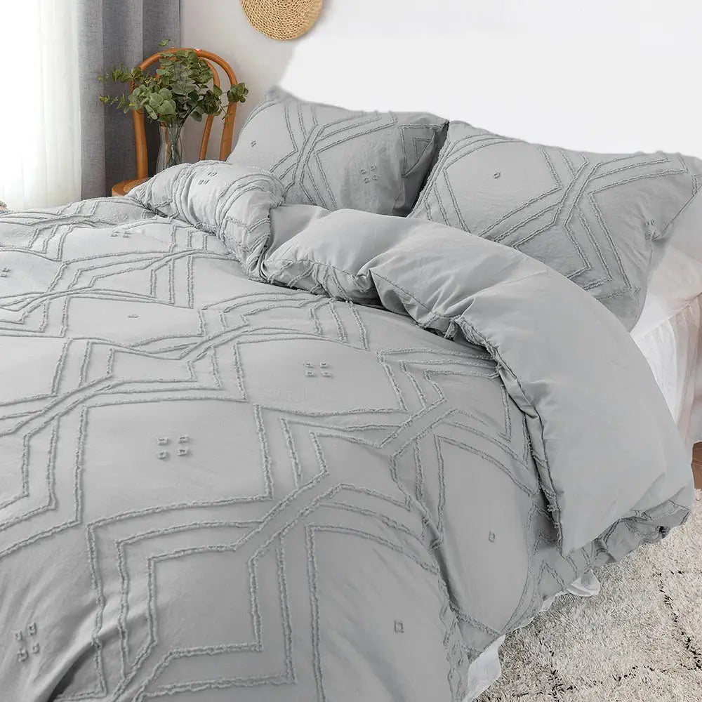 Beige quilted geometric duvet cover set bedroom frayed texture