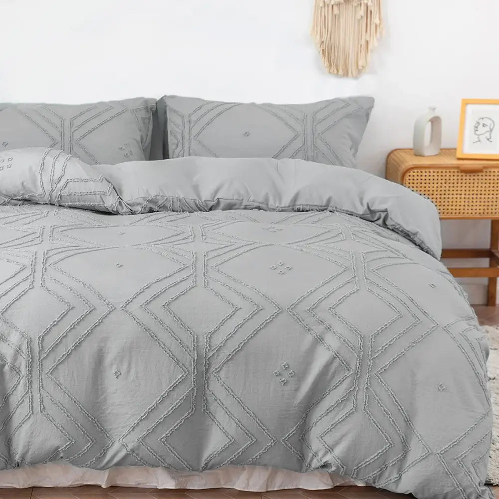 Beige geometric quilted duvet cover set bedroom frayed texture