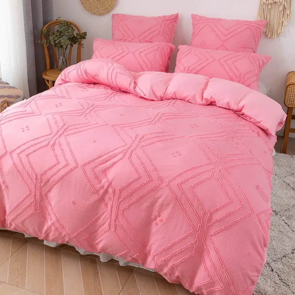 Beige quilted geometric duvet cover set bedroom frayed texture