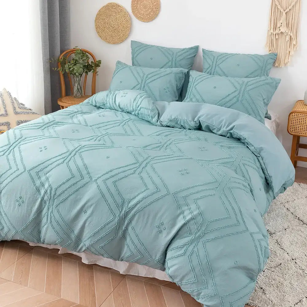 Beige quilted geometric duvet cover set bedroom frayed texture