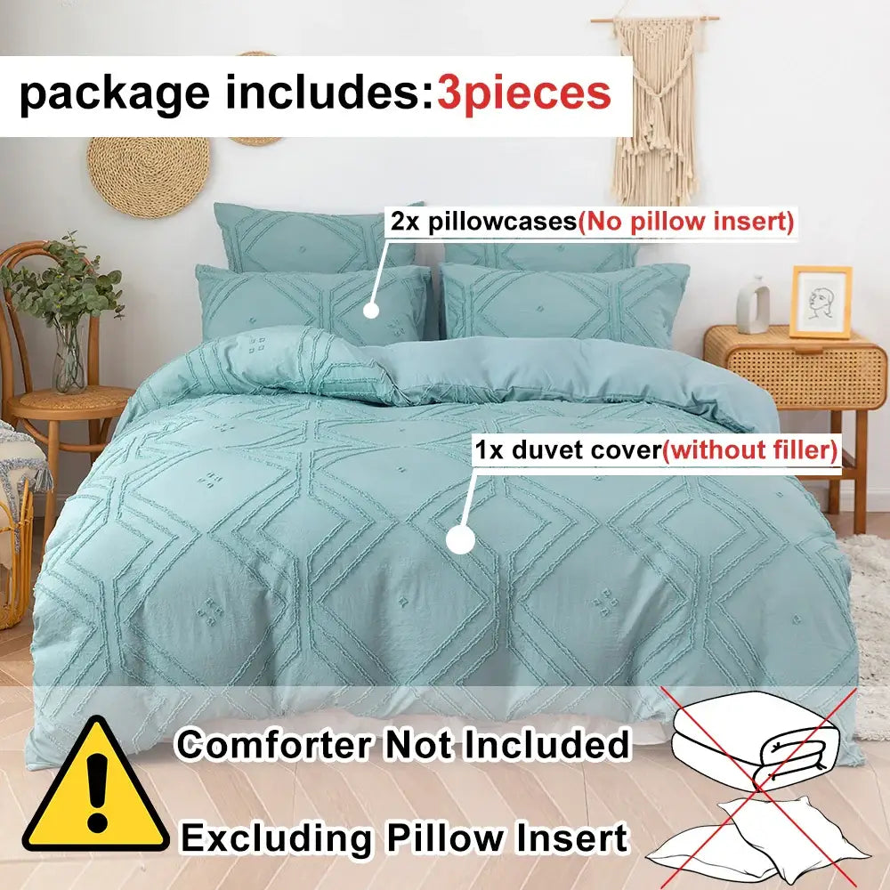 Beige geometric quilted duvet cover set bedroom frayed texture