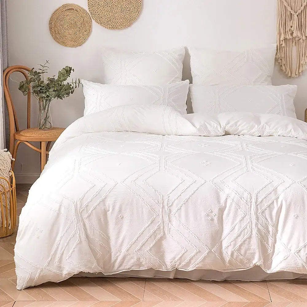 Beige geometric quilted duvet cover set bedroom frayed texture