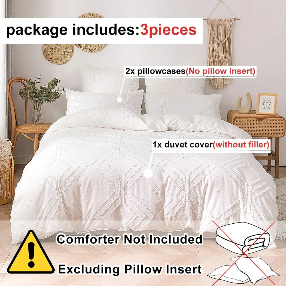 Beige geometric quilted duvet cover set bedroom frayed texture