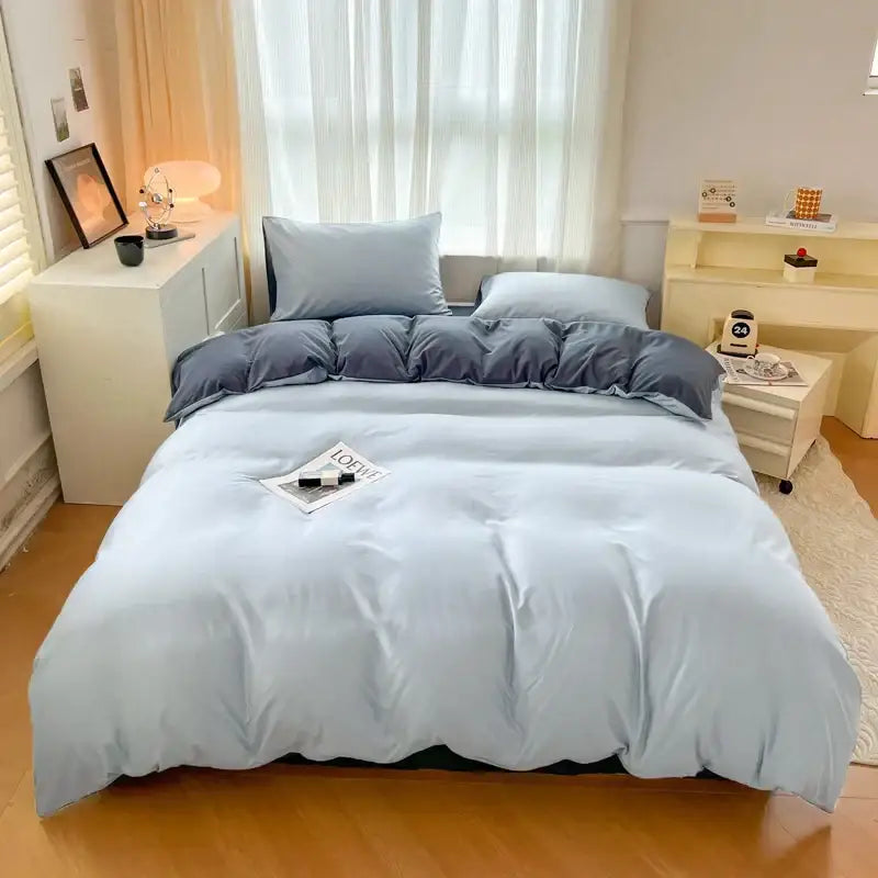 Navy and gray solid color brush fabric duvet cover set bedroom