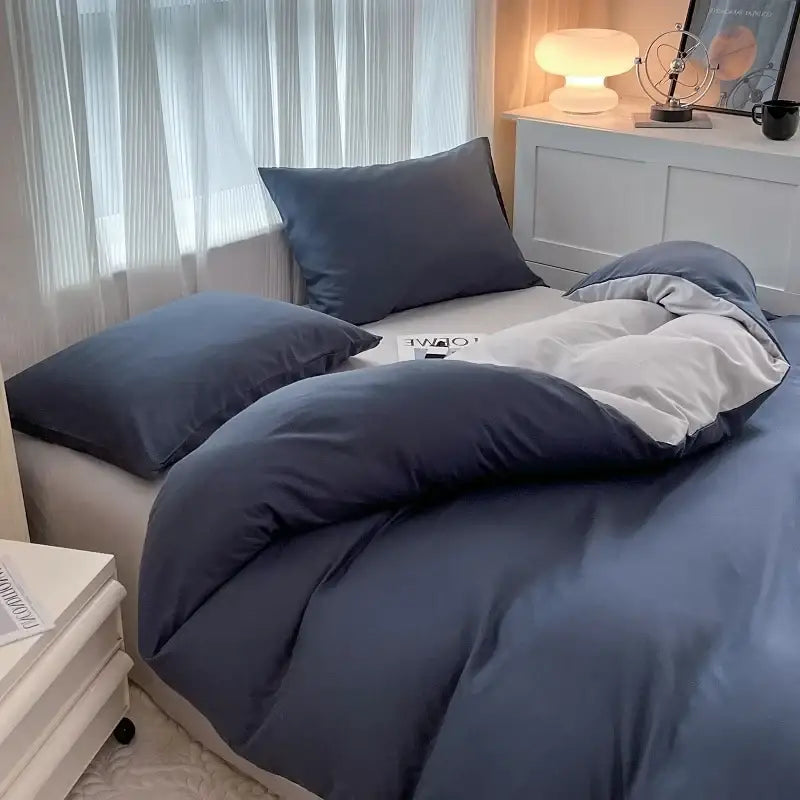 Navy and gray solid color brush fabric duvet cover set bedroom